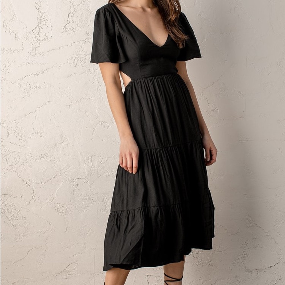 Lulus Tied With Love Black Tiered Tie-Back Midi Dress
